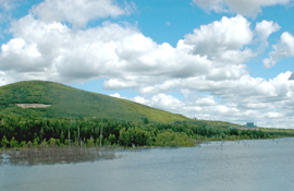 The Adex mine site (in distance on right), viewed from southwest part of the tailings pond, showing the Mount Pleasant summit and old mine workings